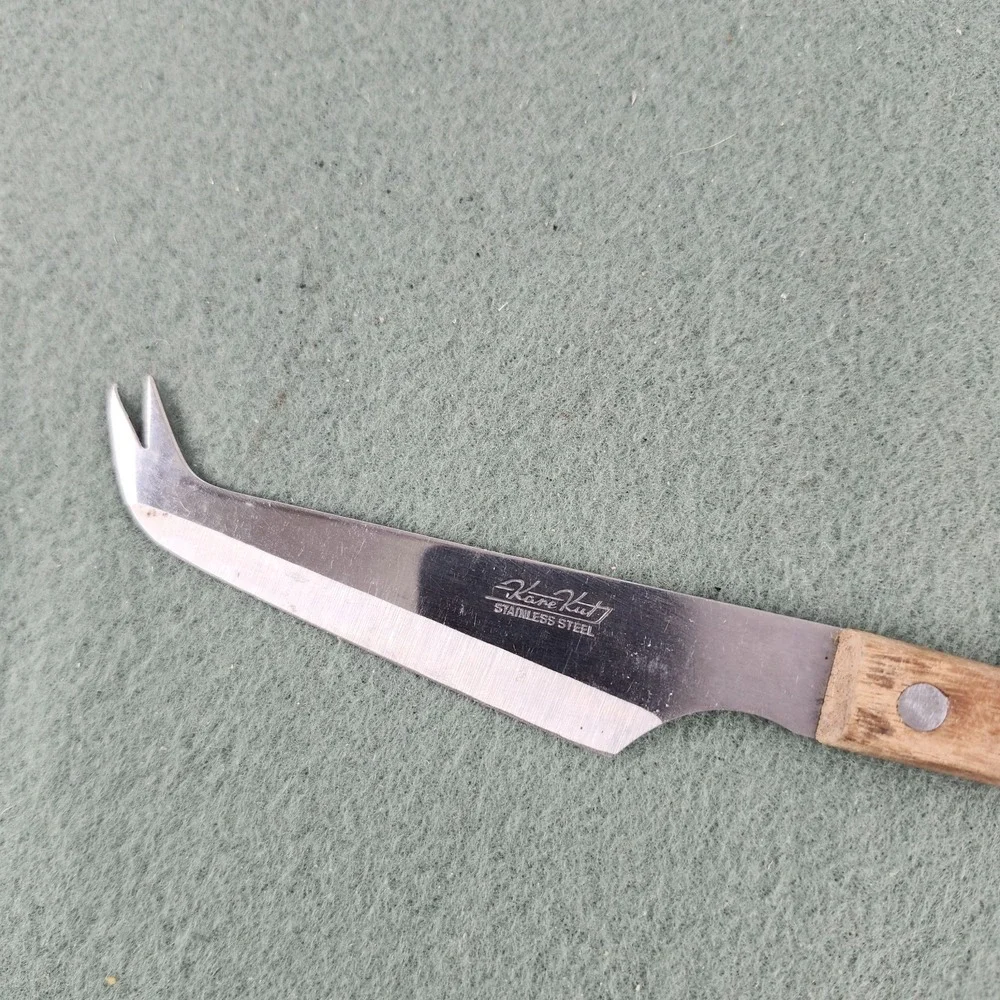 Kane Kut Stainless Japan Cheese Knife Vintage Two‎ Prong Blade Wood Handle Tool